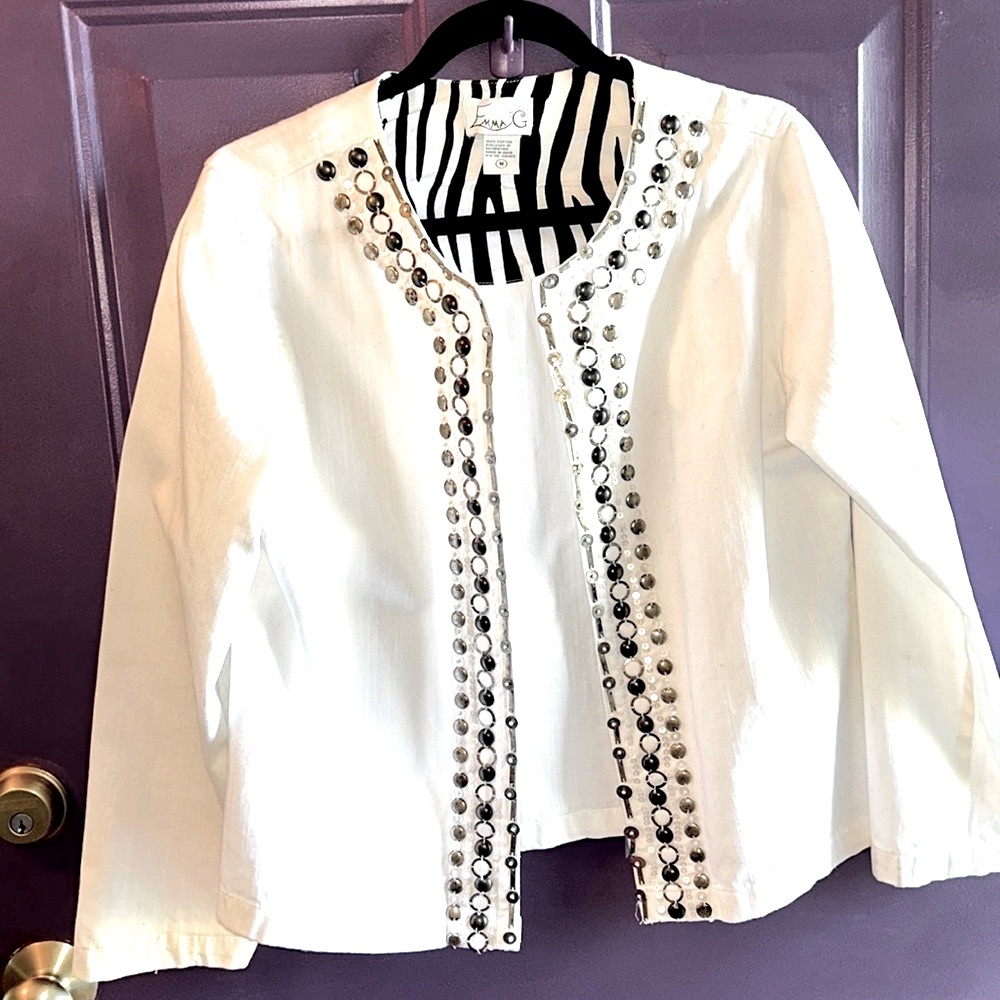 Emma G Denim Cotton Jacket M White Mixed Metal Beaded Embellished Glam